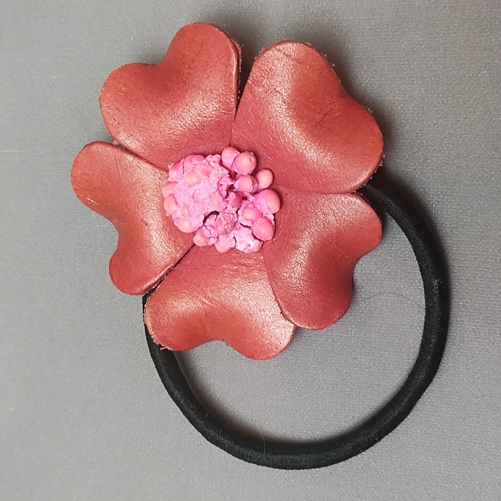 Hand made pink and red leather ponytail holder